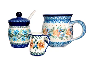 Boleslawiec Polish Pottery Hand Made in Poland SET Mug, Jar w/spoon, Mini Jug - Picture 1 of 7