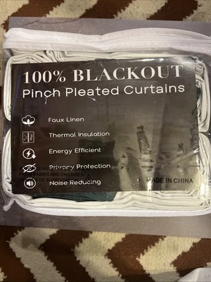 100% Blackout Pinch Pleated Curtains - Green - 2 Panels - With Hooks And Clips - Image 1 of 3