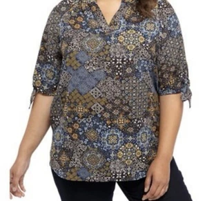 Michael Kors Blouse Women’s Size XL Navy Floral Bow Tie Short Sleeve Split Neck - Picture 1 of 8