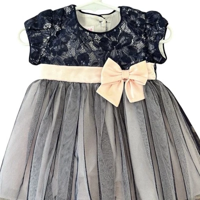Bonnie Baby Navy Overlay Pink Formal Dress 6-9M Pageant Church Holiday Sequins - Image 1 of 4