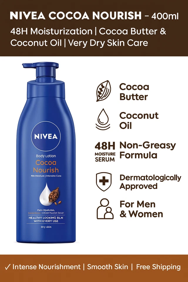 NIVEA Cocoa Nourish Loción Corporal 400ml | 48H Hidratación | Manteca de Cacao | Piel Seca Foto 1 de 4