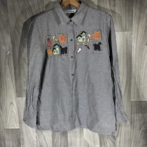 Camicia vintage Victoria Jones nera a quadri ricamata grande donna Halloween - Foto 1 di 4