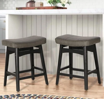 Bar Grey Solid Wood Bar Stools Set of 2, Height Barstools with Faux leather  - Image 1 of 4