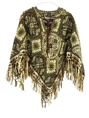 Vintage Boho Tapestry Poncho Womens M Aztec Knit Fringe Pullover Shawl 70s - Image 1 of 4