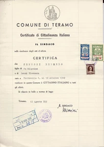 1952 CARTA BOLLATA LIRE 24 REPUBBLICA IPS COMUNE TERAMO MARCA LIRE 1 DIRITTI 20 - Foto 1 di 1