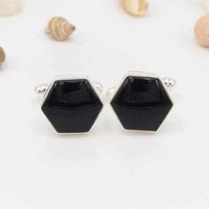 Fabulous Hexagon Shape Shiny Black onyx 935 Silver Groom Men Wedding Cufflinks - Picture 1 of 10
