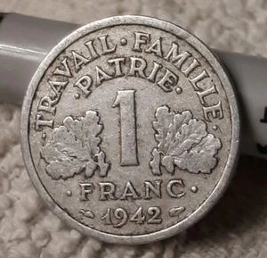 1942 1 Franc WW2 France , Circulated French Coin , ( 1 Coin ), WWII, Occupation - Picture 1 of 11