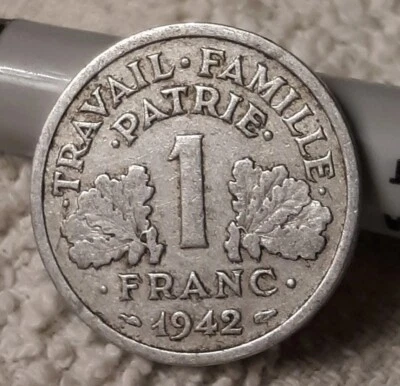 1942 1 Franc WW2 France , Circulated French Coin , ( 1 Coin ), WWII, Occupation  - Image 1 of 4