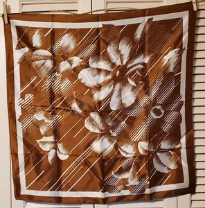 Vintage 80s Floral Brown and Cream Scarf Square with Floral Print. - Picture 1 of 5
