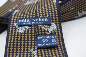 Mila Schon Made in Italy 100% Silk Tie Blue Tan Floral Flowers Necktie - Picture 1 of 11