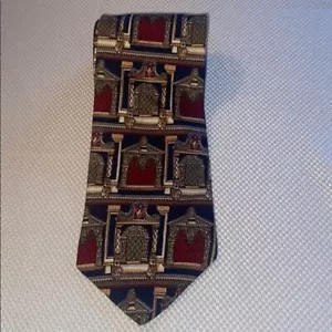 Structure Silk Tie Medieval-Inspired Pattern Red & Gold Accents Made In USA - Picture 1 of 5