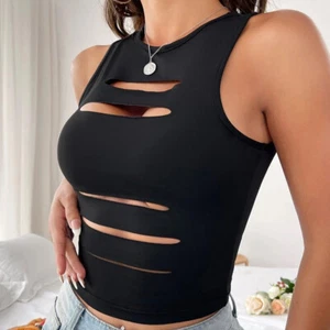 Mujeres Cuello Redondo Hueco Sin Mangas Top Sexy Calce Ajustado Camiseta Recortada - Imagen 1 de 10