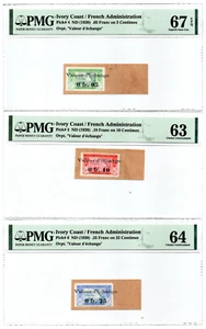 1920 Ivory Coast .05;.10;.25 Franc on 5;10;25 Centimes PMG 67;63;64 P-4;5;6 (3) - Picture 1 of 8