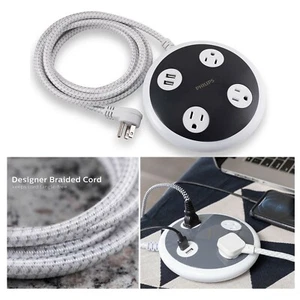 Philips Überspannungsschutzkugel mit 3 Steckdosen und USB-Aufladung 8 Fuß Geflochtene Kordel - Bild 1 von 8