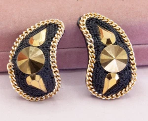 Vintage M & J Hansen 1980s Gold Chain Rhinestone Black Beaded Clip-On Earrings - Picture 1 of 14