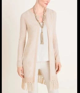 Chico's Barely Blush Tassel Jacquard Open Cardigan Sweater Shimmery Sz 3/XL - Picture 1 of 12