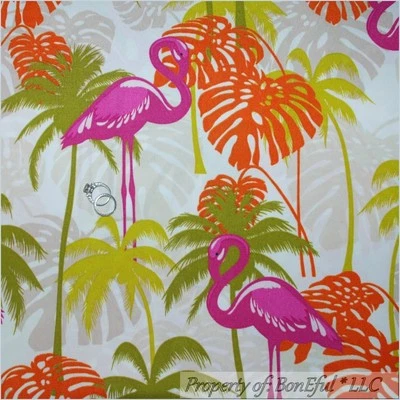 BonEful Fabric FQ Woven DECOR White Pink Green Flamingo Florida Beach Palm Tree - Image 1 of 4