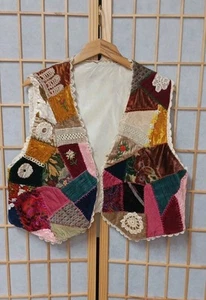 Vintage Womens 1960s Colorful Hippy Patchwork Vest Embroidery/crochet Details L - Picture 1 of 9