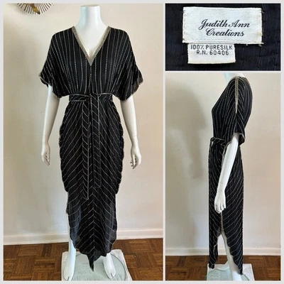 1980s Judith Ann Creations Silk Sparkle Dress Beaded Caftan Scalloped Hem VTG - Image 1 of 4