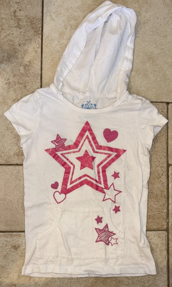 Children’s Place Girls Kids White Short Sleeve Hoodie W Pink Stars Size 7/8 M - Image 1 of 2