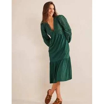 Boden Woven Mix Midi Jersey Dress Womens 6 Green Boho Cottagecore Embroidered - Image 1 of 4