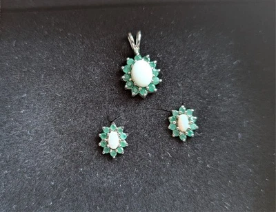 schmuckset / 3 Teile ,silber 925 gebraucht, mit Opal und Smaragd   -Harry Evans - Bild 1 von 4