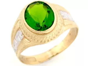 10k or 14k Two Tone Gold Green Simulated Peridot Mens Birthstone Greek Ring - Picture 1 of 5