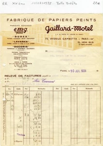 Paris XX ème 73 Avenue Gambetta - Belle Entête Fabrique de Papiers Peints - 1938 - Picture 1 of 1