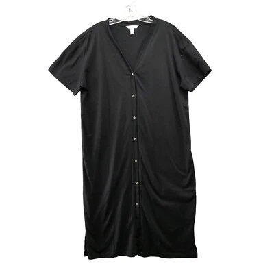 Vestido H&M Midi Talla M Botón Frontal Jersey Negro Relajado Manga Corta Cuello en V Salón Foto 1 de 4