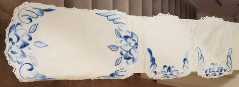 Vintage Chair Set Antimacassar 3-Piece Blue White Designs Very Good Shape Cover