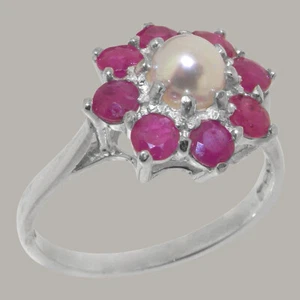 Solid 925 Sterling Silver Pearl & Ruby Womens Cluster Ring - Sizes 4 to 12 - Picture 1 of 5