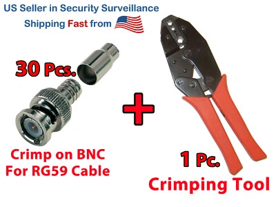 30 pcs Male Connector Crimp On Type BNC Siamese RG59 Cable + 1 pc Crimping  Tool - Image 1 of 4