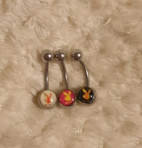 3 BRAND NEW PLAYBOY Black Pink White Bunny Belly Navel Bar Body Stainless Steel - Picture 1 of 2