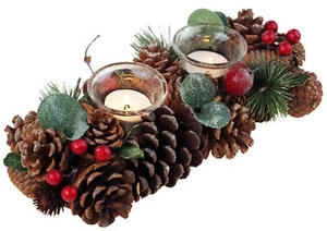 Christmas Table Centrepiece Double Tealight Candle Holder - Pine Cone Berry - Picture 1 of 6