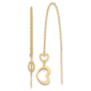 14k Yellow Gold Polished Hearts Dangle Threader Earrings 1.26g for Women - Picture 1 of 4