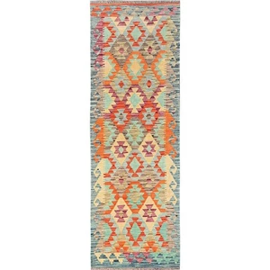 2'7"x7'10" Colorful Afghan Kilim 100% Wool Rug Flat Weave Hand Woven Runner 1907 - Picture 1 of 6