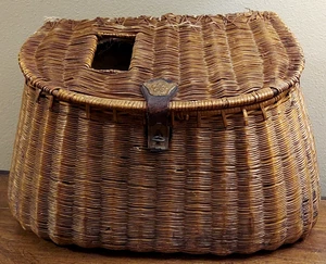 Cestino da pescatore vintage in vimini e cuoio trota/mosca CREEL - Foto 1 di 10