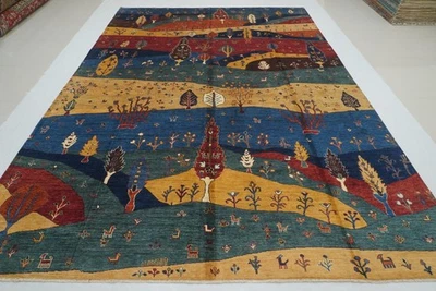 9x12 ft Blue Landscape Gabbeh Afghan Hand Knotted Wool Area Rug (8'6"X12'2") - Image 1 of 4