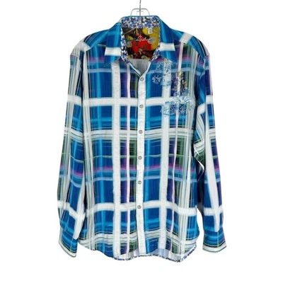 Robert Graham Shirt Mens Size Medium Blue Plaid Floral Cuffs Embroidered - Image 1 of 4