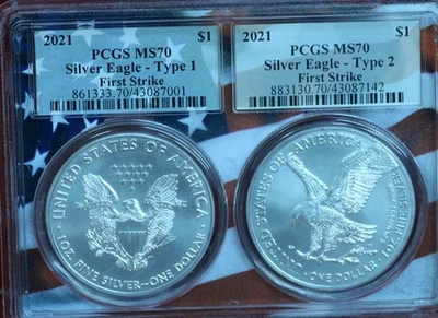 2 Uncirculated 2021-P Mint Type 1 & 2 American Eagle Silver Dollars PCGS M70 - Image 1 of 2