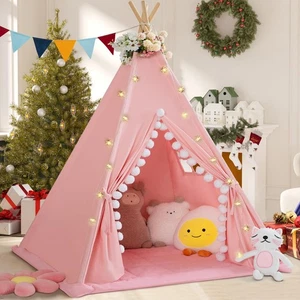 Teepee Tenda per Bambini con Tappetino Imbottito Tela di Cotone Tenda per Bambini con Pompon per... - Foto 1 di 7