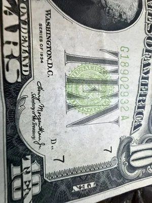 1934 $ 10 Dollar Error Note Off Center Front,  Serial number on top of Ten  - Image 1 of 4