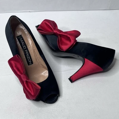 Tacones vintage Maud Frizon negro satinado rojo lazo punta abierta para mujer talla 35,5/US 5-5,5 Foto 1 de 4