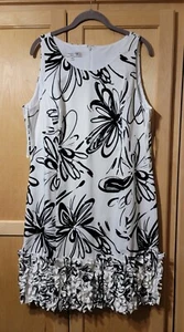 90s EVAN-PICONE Sleeveless Dress CLASSIC BLACK & WHITE FLORAL Ruffled Hem Sz 16 - Picture 1 of 19