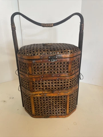 Basket Vintage Chinese Handled Woven Wicker Tiered Wedding Storage Nesting Bins Cover