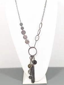 Western Coastal Gray Metallic Hammered Chain Tassel Long Statement Necklace 32" - Picture 1 of 8