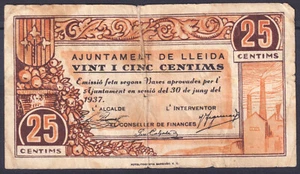 Banknotes Lleida 25 Cents 1937 - Town Hall Of - Picture 1 of 2