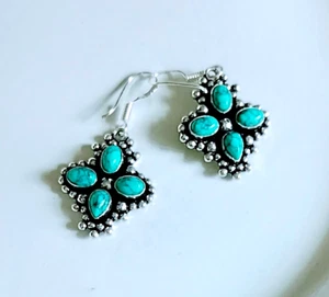 Oxidized 925 Silver Plated Earrings Pair Spiderweb Turquoise Loose Gemstone - Picture 1 of 4