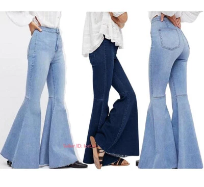 Womens High Waist Flare Bell Bottom Denim Pant Slim Bootcut Jeans Long Trousers - Image 1 of 4