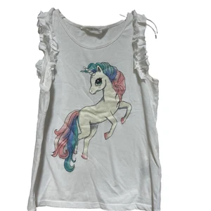 H&M Einhorn Top Mädchen Größe 8 10 Jahre rosa ärmelloses Shirt weiß glitzer - Bild 1 von 6